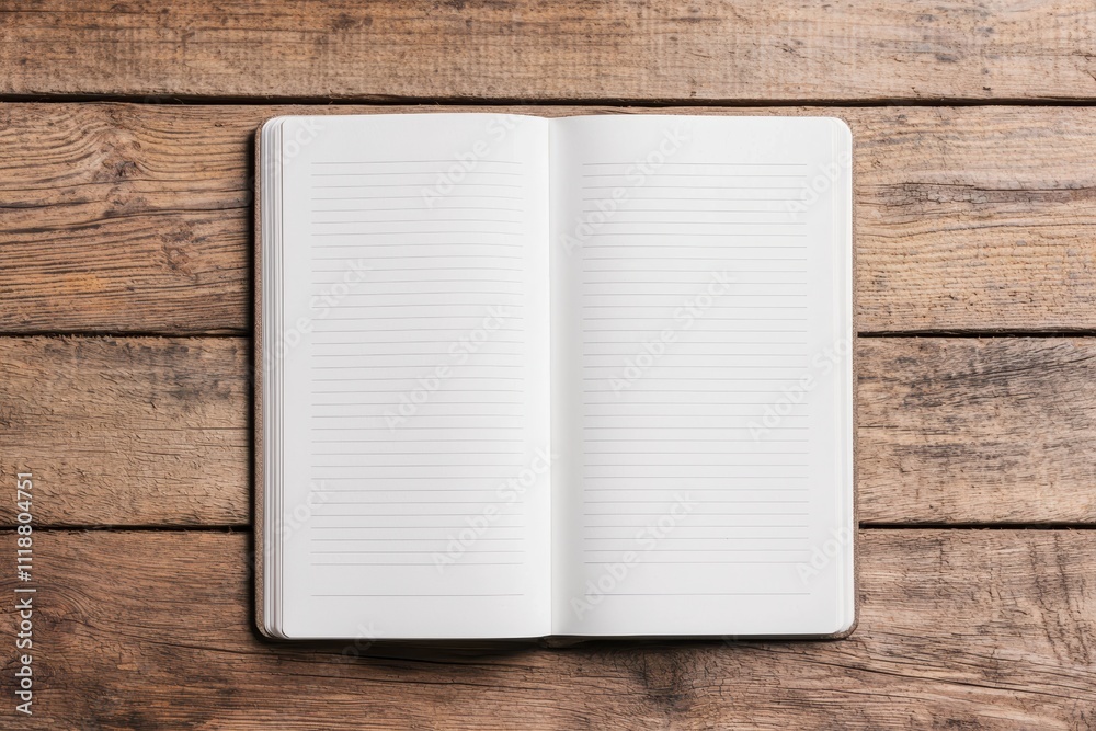 Poster open notebook lying on rustic wooden table invites quiet reflection