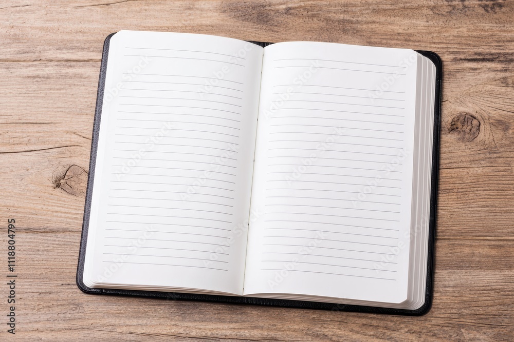 Poster Open notebook with blank pages on rustic wooden table is ready for writing