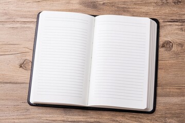 Open notebook with blank pages on rustic wooden table is ready for writing
