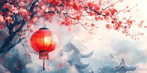 Obraz premium Chinese New Year Frame with Lanterns and Blossoms