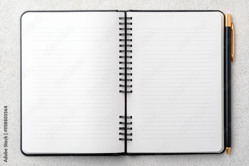 Poster open notebook with blank pages and pen invites creative writing and planning