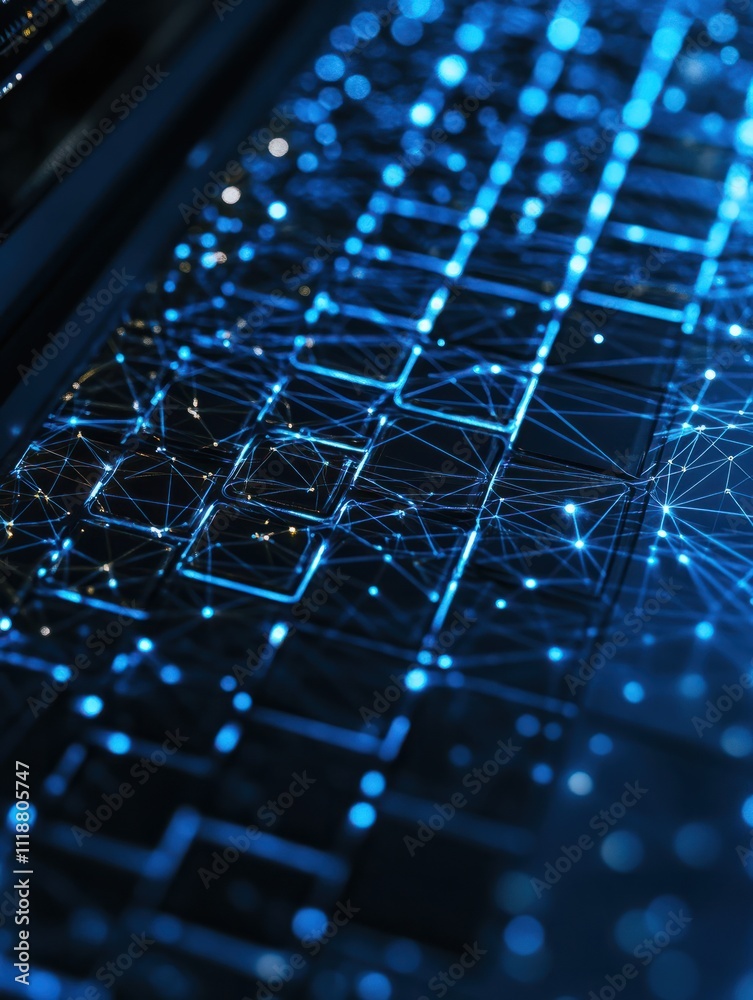 Poster close up of laptop computer with blue polygonal mesh. technology, security and web hacking concept. 