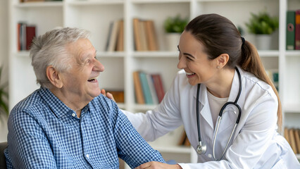 Obraz premium Heartwarming Interaction Between a Smiling Elderly Man and a Caring Female Doctor in a Bright Office