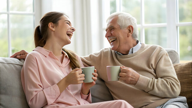 Heartwarming Moments: A Grandfather and Granddaughter Sharing Joyful Laughter Over Coffee in Their Cozy Living Room