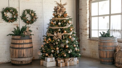 Decorated Christmas Tree with Rustic Barrels and Wreaths