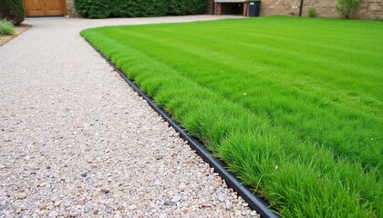 Obraz premium Neatly trimmed green lawn with gravel pathway and clean edging, perfect for modern garden design and landscaping inspiration