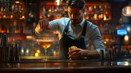 Male bartender skillfully crafting a cocktail in a dimly lit bar.