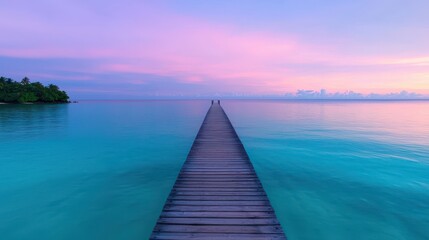 Obraz premium Serene Wooden Pier Leading to Tranquil Waters at Sunset Glow