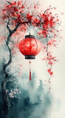 Obraz premium Chinese New Year Frame with Lanterns and Blossoms