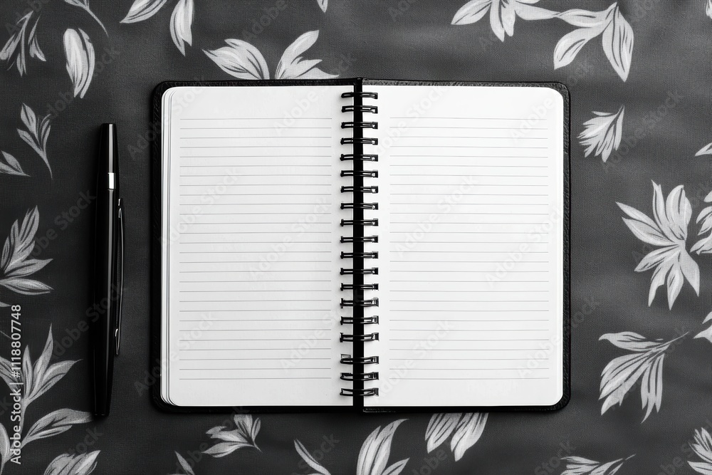Poster open notebook with pen on floral tablecloth inspiring minimalist setting for new beginnings