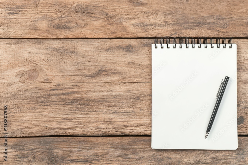Poster notebook and pen lying on rustic wooden desk for creative brainstorming