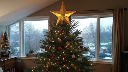 Decorated Christmas Tree with Golden Star Topper and String Lights