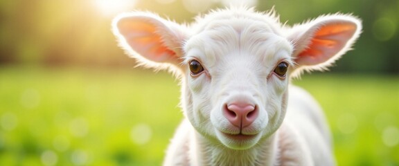 Obraz premium Adorable white lamb with curious expression grazing in sunny meadow
