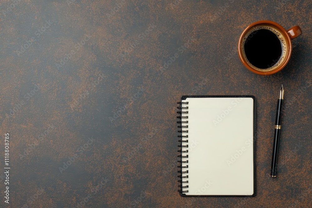 Poster Notebook, pen and coffee creating a minimalist workspace for productivity