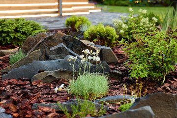 An Elegant and Beautiful Rock Garden Enhanced with Lush Greenery and Colorful Flowers