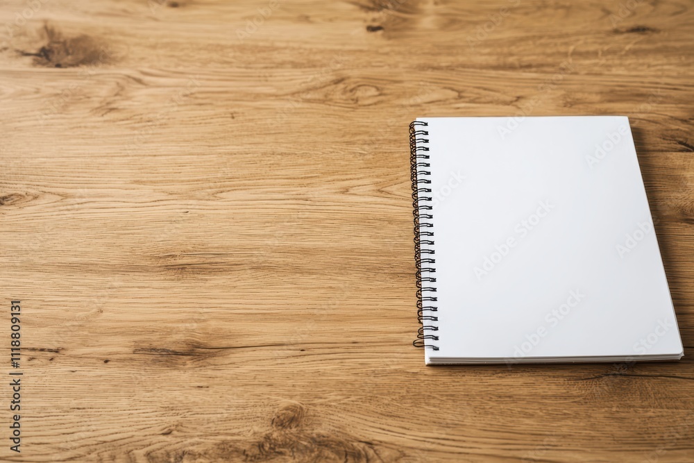 Poster blank spiral notebook placed on a wooden desk for minimalistic workspace background