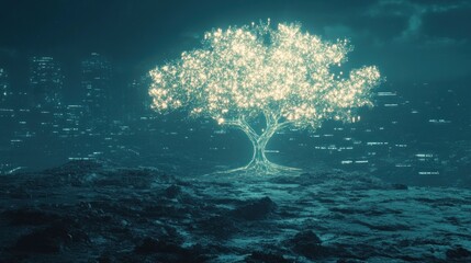 Obraz premium Luminous Tree of Digital Life: A Futuristic Oasis