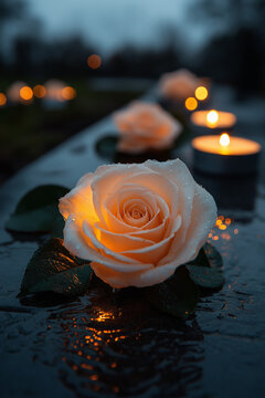 Photo solennelle de bougies et roses blanches sur une pierre comm&eacute;morative grav&eacute;e, en hommage aux victimes de l'Holocauste sous un ciel gris