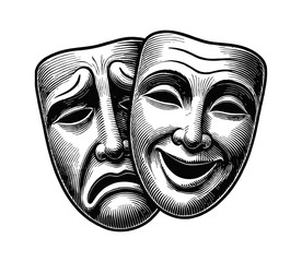 two theater mask sad and happy engraving black and white outline