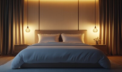 Luxury hotel suite with symmetrical design, plush bedding, warm lighting, and modern interior styling, inviting elegance