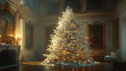 A Snowy Christmas Tree in a Grand Gilded Room