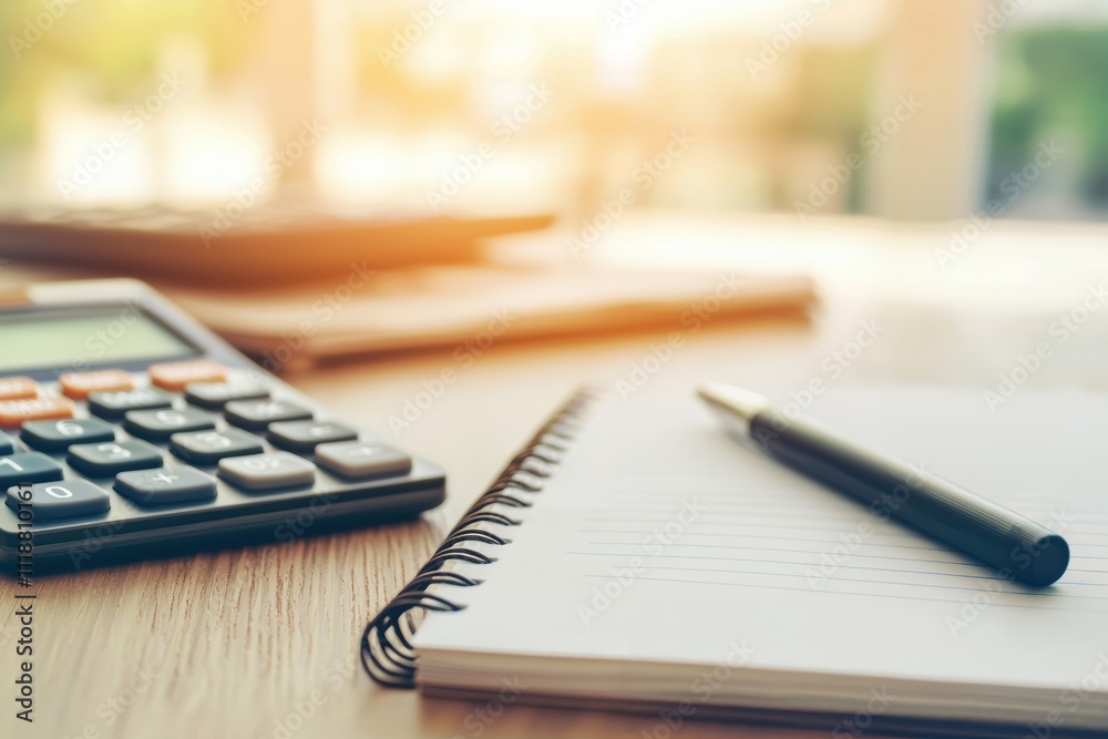 Poster Notebook, pen, and calculator creating a warm workspace for productivity