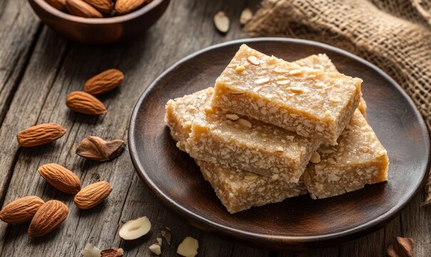 image of oriental dish burfi on plate with delicious almond placed on wooden table