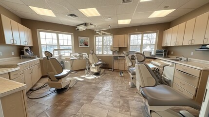 Fototapeta premium Dental Office Operatory Room with Modern Equipment and Comfortable Chairs Designed for Patient Care in a Professional Healthcare Setting with Natural Lighting