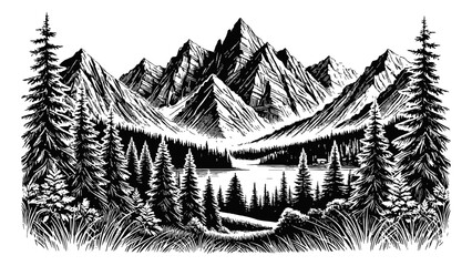 Naklejka premium majestic mountain peaks surrounded by dense pine trees, with a serene forest landscape engraving black and white outline