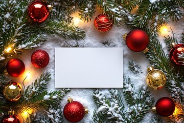 Blank gift card surrounded by snowy pine branches and red baubles.