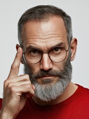 Obraz premium Let me think. Serious unshaven man with beard and mustache, keeps index finger on temple, recollect something in mind, wears optical glasses, isolated on white background, remembers information