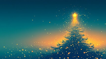 Naklejka premium Glowing Christmas tree with golden bokeh lights on dark blue background