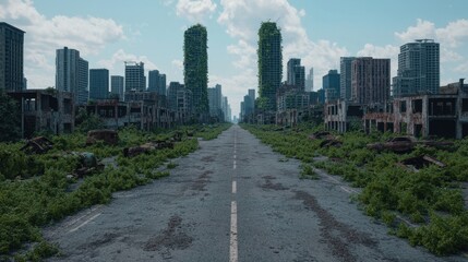 Obraz premium Abandoned Urban Landscape with Overgrown Buildings and Skyscrapers