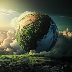 Green planet floats above clouds, rocky ground below.