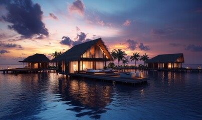 Overwater bungalows under a picturesque sunset sky.