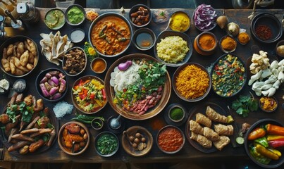 Fototapeta premium Overhead view of colorful Indian thali with multiple traditional dishes, vibrant spices, and herbs in perfect harmony