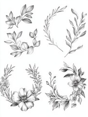 Fototapeta premium Minimal botanical wedding frame elements on white background. Set of wreath, flowers, leaf branches in hand drawn pattern. Foliage line art design for wedding, card, invitation, greeting, logo.