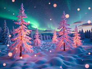 Magical winter wonderland with aurora borealis and snow covered pine trees, digital art of landscape concept.