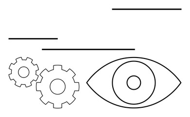 Two interlocking gears beside a large eye with parallel horizontal lines in the background. Ideal for innovation, technology, mechanics, surveillance, vision, system integration, and engineering