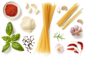Spaghetti and seasonings on white background.