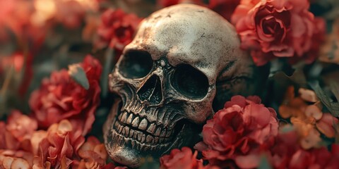 Close up of skull among red flowers, poetic symbolism.