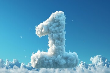 A number "1" made of white clouds floating in the sky, front view, simple background, blue sky, in the style of C4D rendering, surrealism, high-resolution photography, high detail, high quality