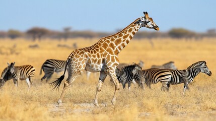 Giraffe and zebras in savanna.