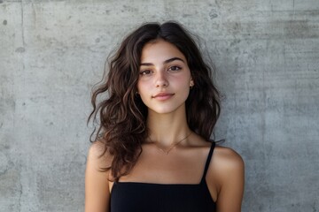 Naklejka premium Portrait of a Young Woman with Wavy Hair Against a Concrete Background