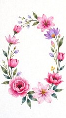 Watercolor floral wreath with peonies, tulips, and lilies  