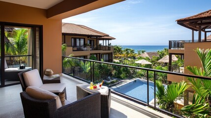 Fototapeta premium Tropical Balcony with Ocean View and Pool