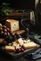 An enticing selection of cheeses, fruits and a glass of red wine. A delightful appetizer or shareable platter.