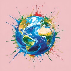 Animated planet earth with vibrant colors and watercolor splash with pink background illustration