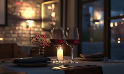 romantic dinner table with two glasses of red wine candlelight intimate restaurant setting