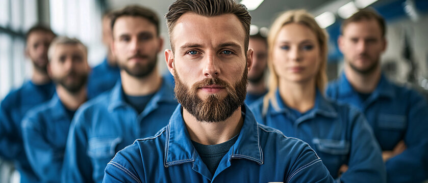 Confident Team of Skilled Industrial Workers in Blue Uniforms